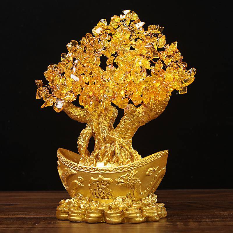 财黄树水晶发金树元宝摇钱树树脂摆件酒柜玄关装饰品开元宝树业礼