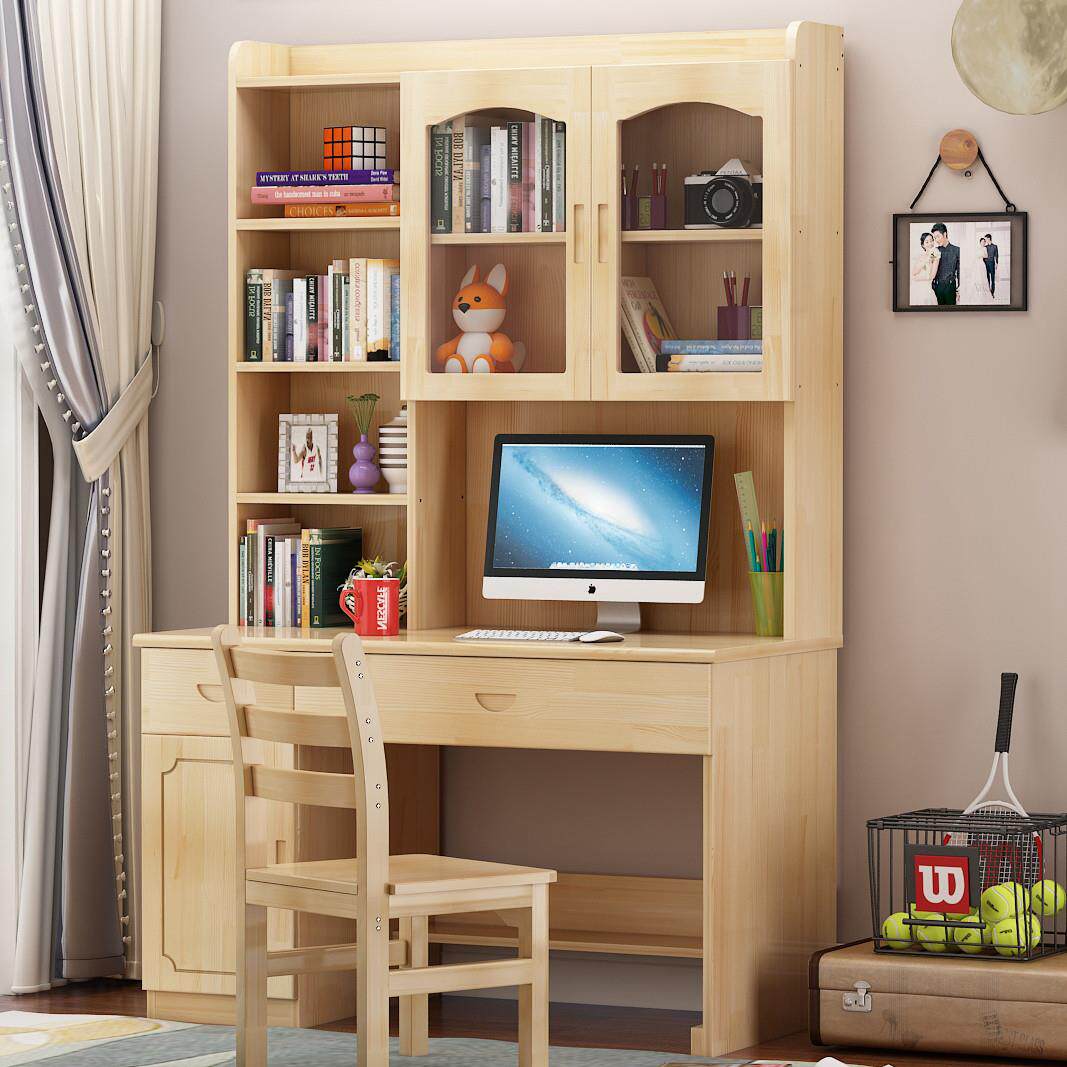 实木书桌书架一体书柜组合家用卧室儿童学生电脑台式学习桌办公桌