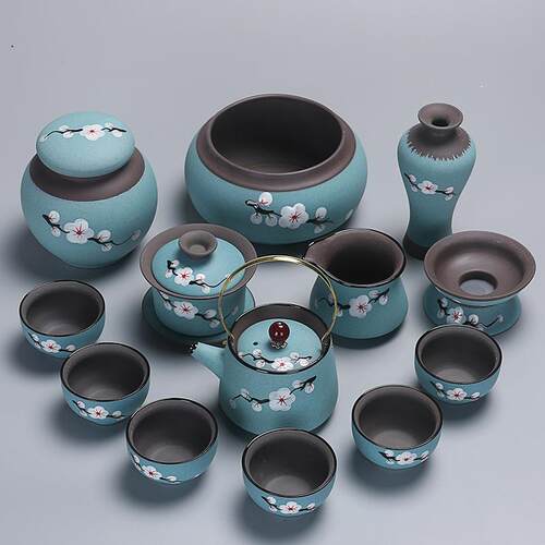 联纵手绘紫砂茶具套装功夫茶杯茶叶罐花插提梁壶礼盒装