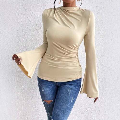 Drawn flared sleeve stand up collar T-shirt