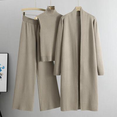 Women Color Turtle Neck Tank Leg Trousers Cardigan Three Set