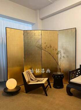 新款日式手绘漆画空白素金箔屏风客厅隔断茶室办公室摄影道具屏风