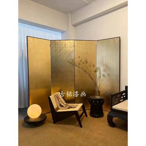 新款日式手绘漆画空白素金箔屏风客厅隔断茶室办公室摄影道具屏风