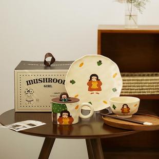 盘子家用卡通碗碟陶瓷饭碗可爱餐盘日式 米粒生活复古女孩餐具套装