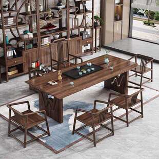 乌金木茶台新中式 实木大木板原整干泡块体IDI茶桌一一整套茶桌椅