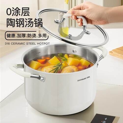 汤锅家用2025新款无涂层316不锈钢炖煮粥陶瓷不粘锅双耳锅电磁炉