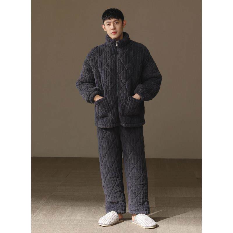 【超厚】珊瑚绒睡衣男款冬季三层夹棉加厚棉袄保暖家居服套装冬天