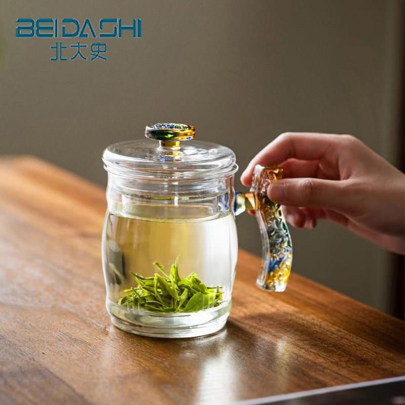 北大史玻璃泡茶杯加厚耐高温高档茶水分离杯泡茶三件杯带盖办公杯图片