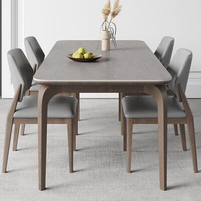 北欧全承托实木岩板餐桌现代简约长方形饭桌胡桃色轻奢餐桌椅组合