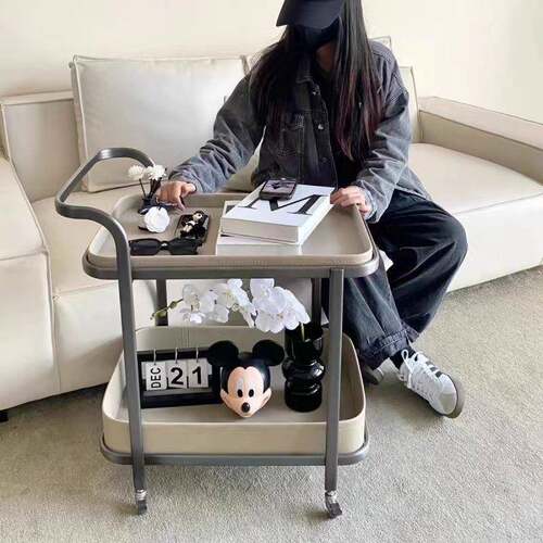 轻奢简约马鞍皮移动沙发边几茶几客厅家用角几床头柜带轮置物架无
