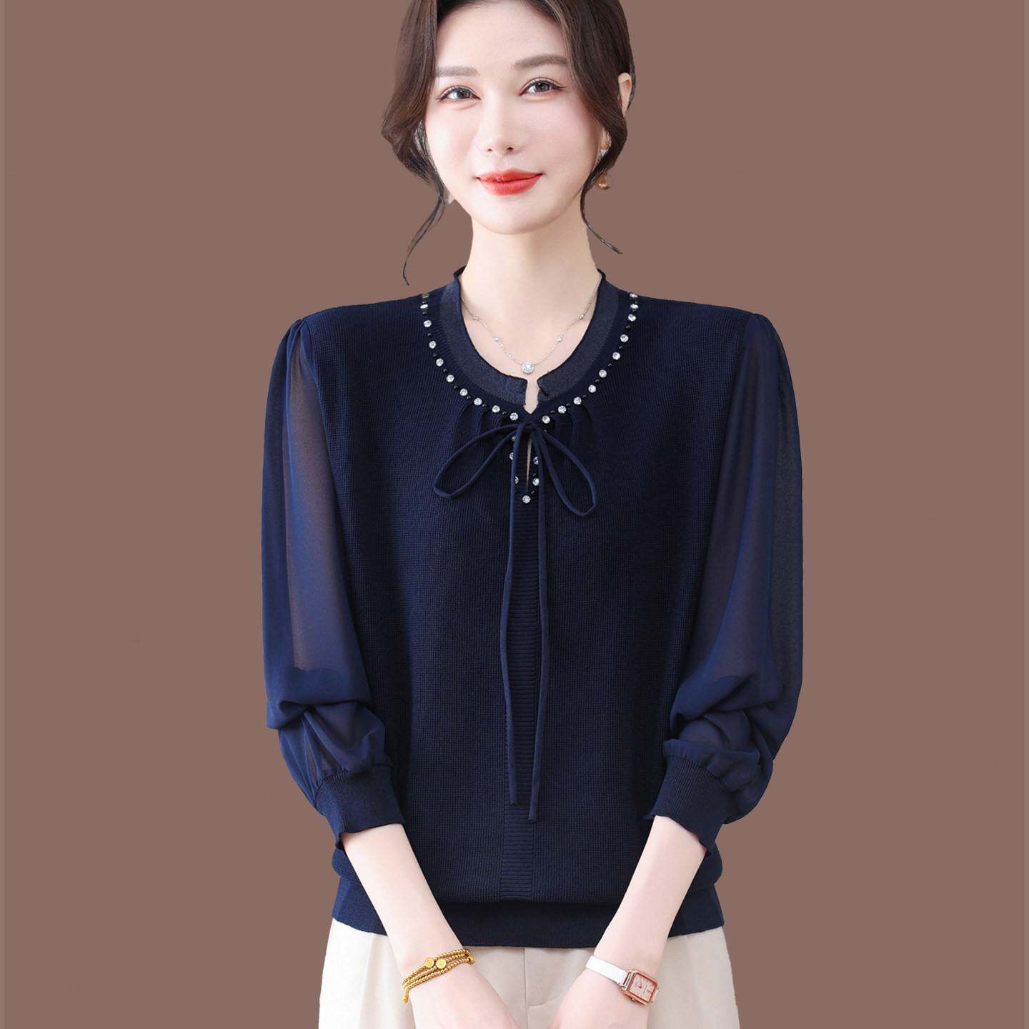 高端桑蚕丝长袖t恤女春秋时尚洋气减龄纱袖上衣钉珠妈妈针织小衫