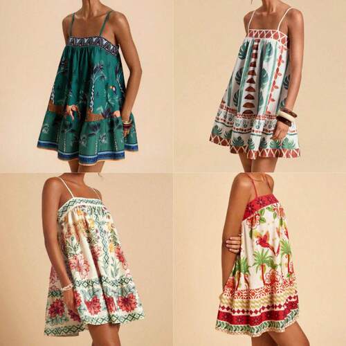 Plus Size Tropical Plant Print Sleeveless Short Dress Casual