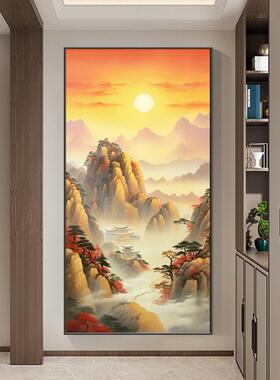 泰山日出玄关画山水风景客厅走廊过道挂画竖版日照金山壁画靠山图