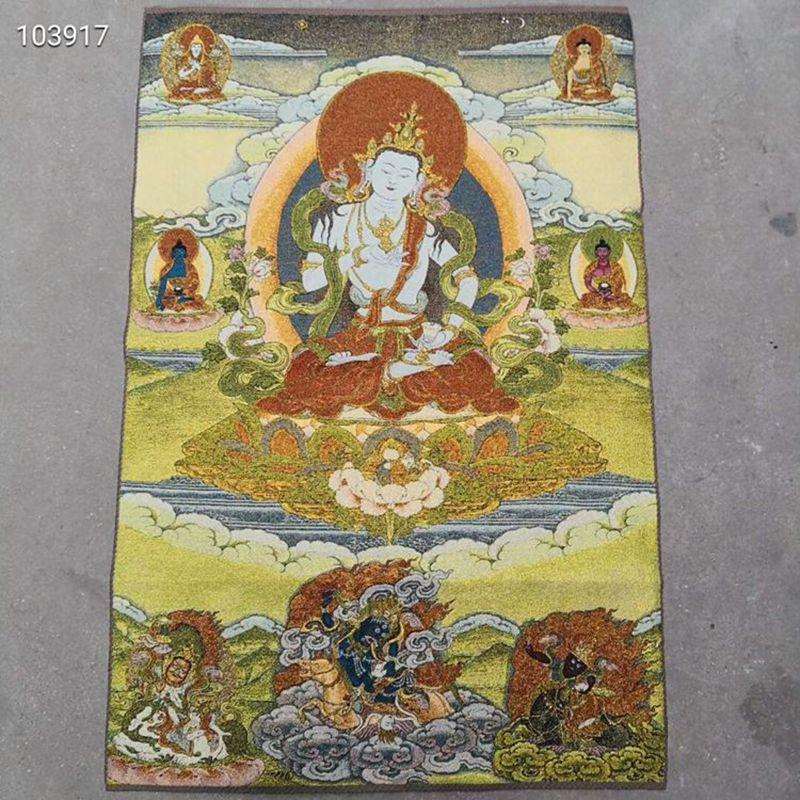 织锦画丝绸精致刺绣画 藏佛唐卡唐喀白度母佛装饰画古玩收藏品