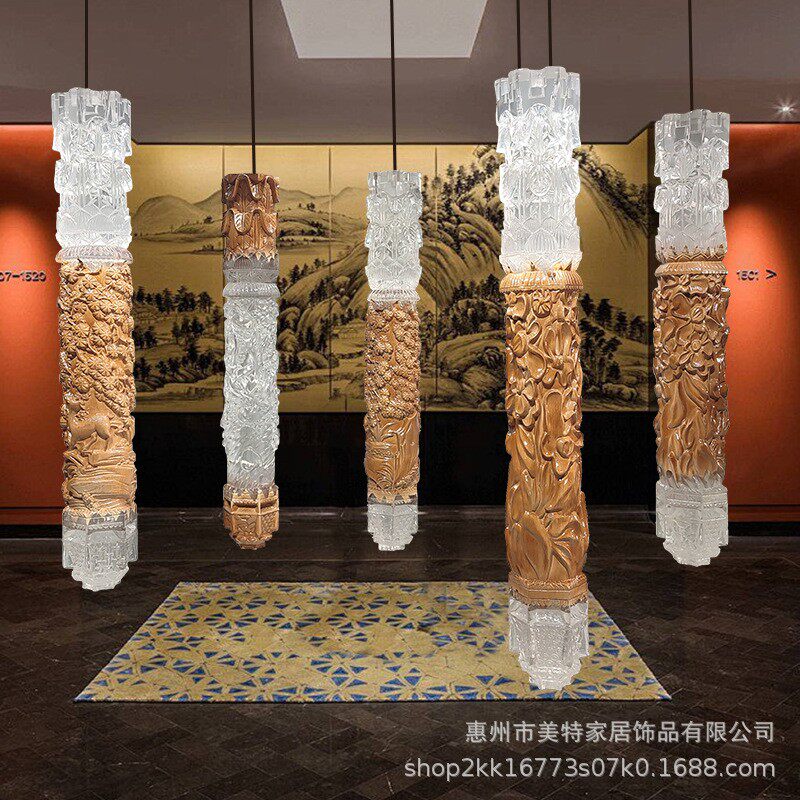 新中式透明树脂木雕圆柱透明灯饰酒店民宿大堂空中悬挂艺术吊饰