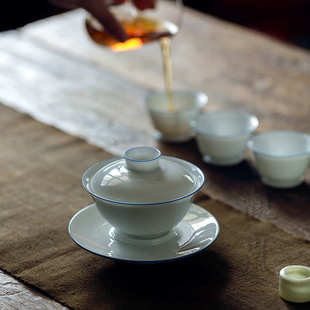 玉泥手工三才盖碗白瓷泡茶碗功夫茶具茶碗薄胎盖碗茶杯套装手抓碗