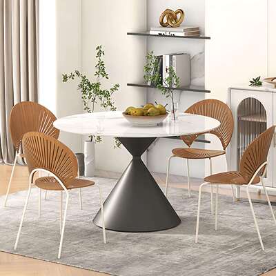 奶油风纯白岩板餐桌家用饭桌轻奢极简精致小户型半圆形餐桌椅组合