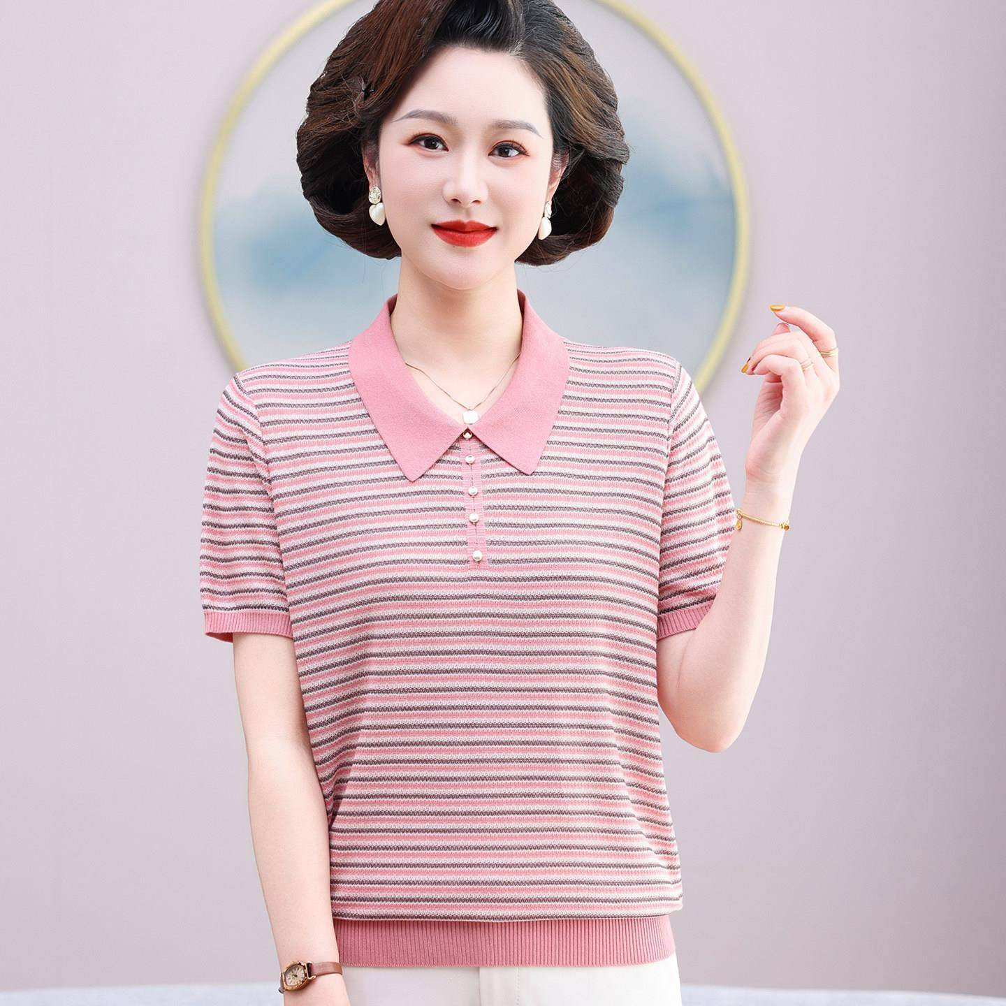 妈妈款夏装冰丝T恤中年女短袖带翻领小衫50-60岁中老年人婆婆套装