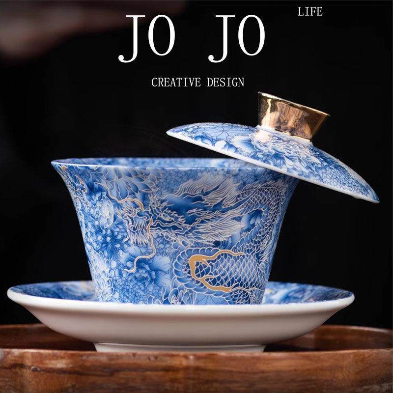 JOJO泡茶杯悬浮陶瓷功夫茶具盖子青花三才盖碗可360度悬停泡茶