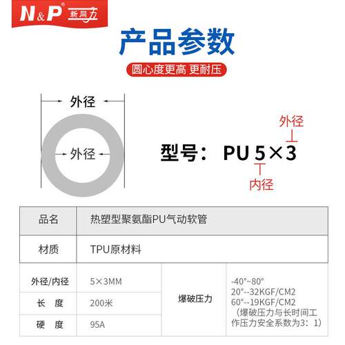 U蓝色气动软5PU0503BU*3空压气管纯料机聚氨酯管气源管新同力tpPu