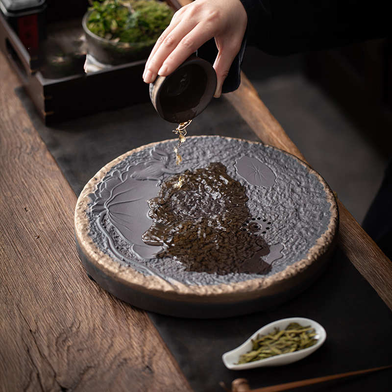 粗陶鎏金蓄水茶盘陶瓷家用干泡茶台功夫茶具茶海排水托盘圆形壶承