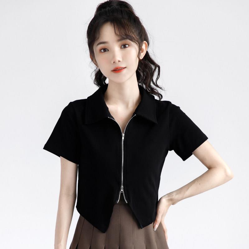 韩国2025夏季新款Polo翻领拉炼衬衫女设计感短袖小衫黑色短款上衣
