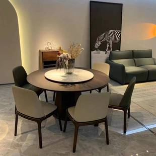 北欧实木圆形餐桌极简创意家用圆桌饭桌意式带转盘岩板饭店大圆桌