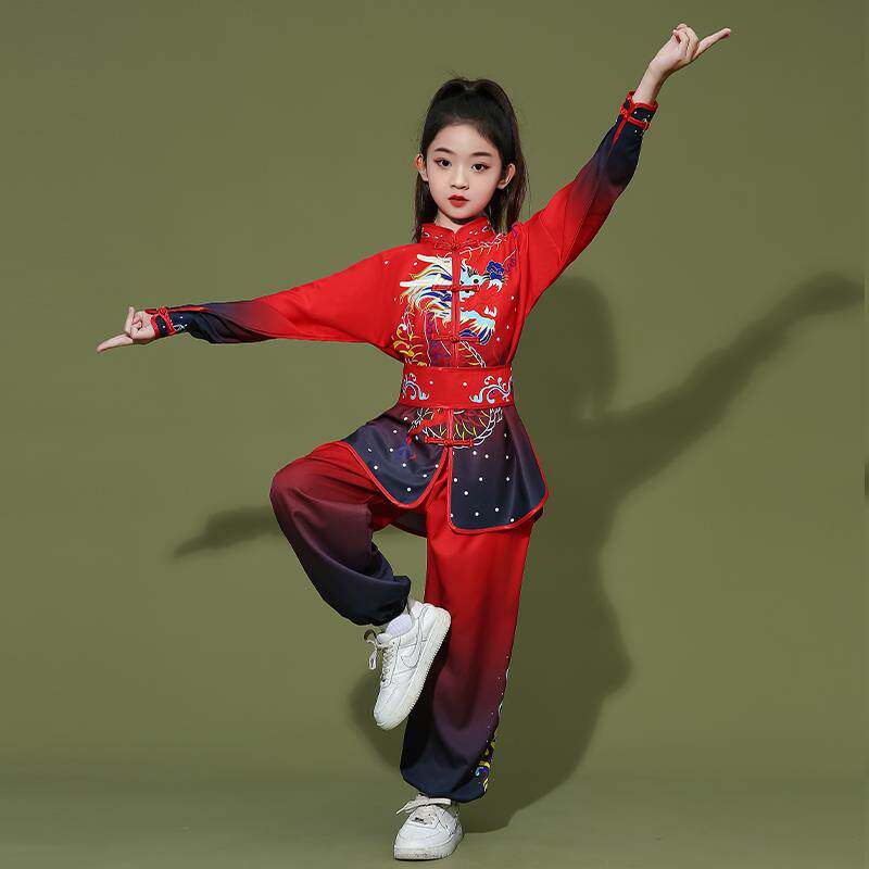 正品儿童武术表演服鼓龙服长凤式男女短、袖练习、服、比赛舞台服