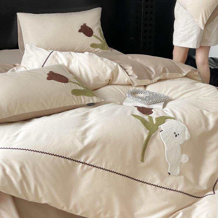 卡通小清100爱S高支新长绒棉件套可毛巾绣小666zt狗被四套纯棉床