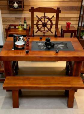 老船木茶桌椅组合沉船木功夫茶几中式泡茶台茶具套装家用茶室一体