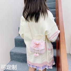 儿童时装包2021秋冬棉麻呢子小香风蝴蝶结珍珠，手提女童斜挎包