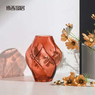 博西家居 马蒂斯桔色不规则鼓包玻璃花瓶创意家居客厅水培插花器
