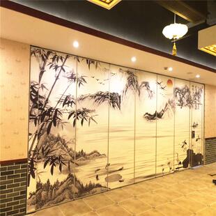 酒店包厢山水贴画活动隔断屏风移动隔音隔断墙65餐厅推拉折叠门