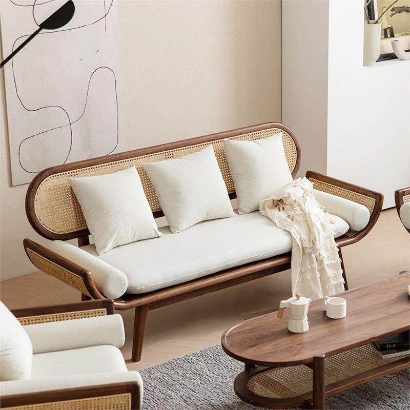 简约黑胡桃木客厅藤编沙发北欧日式现代简约实木布艺家具棉麻