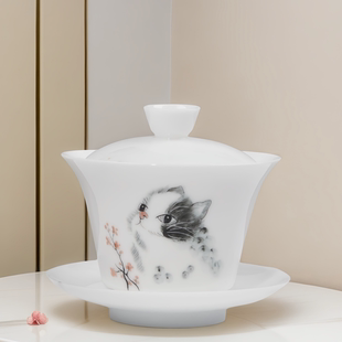 猫咪手绘冰种玉瓷盖碗陶瓷单个三才碗高端白瓷茶碗功夫茶具泡茶器