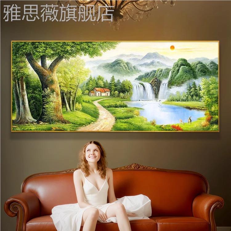 网红挂招财厅装饰沙画发背景东墙树风水壁简约绿水青客山风景画新图片