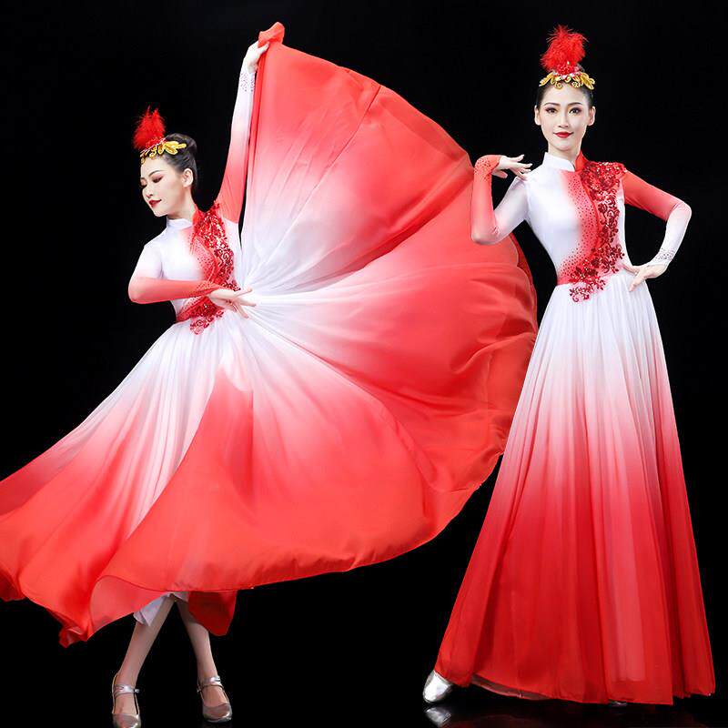 现代舞灯火里的中国红舞蹈表演服开场舞大摆裙演出服洋装合唱服