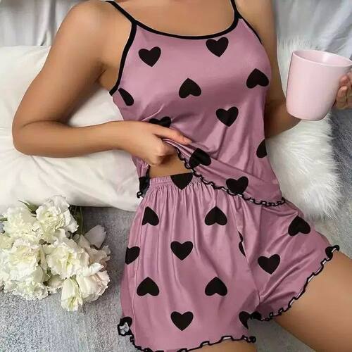 Butterfly Print Pajama Set Lettuce Trim Cami Top Elastic Wai