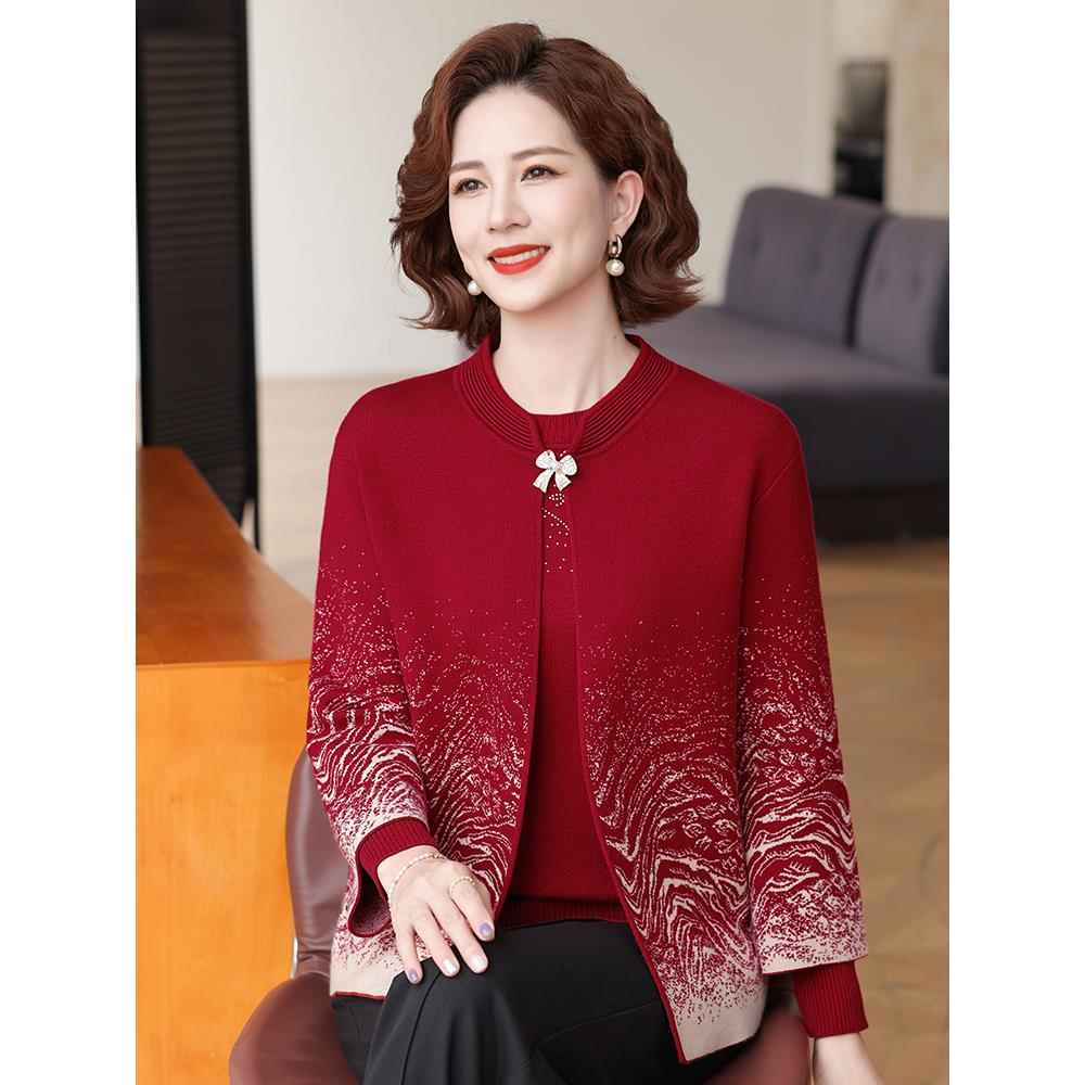 妈妈秋装洋气两件套上衣2025新款喜庆开衫婚礼中老年女士针织外套