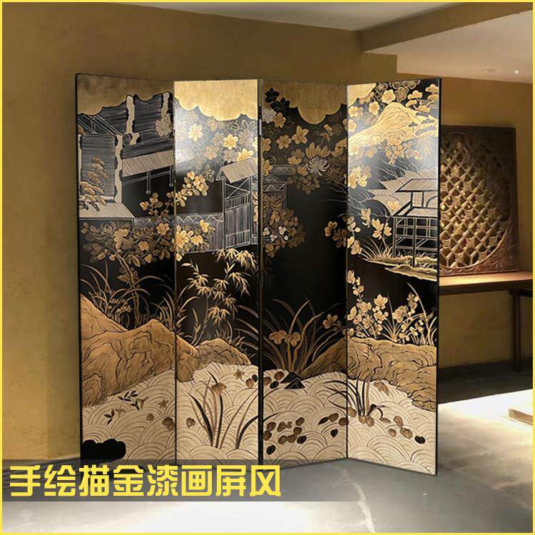 定制手绘漆画描金隔断玄关折屏折叠实木屏风新中式覆古客厅背景墙