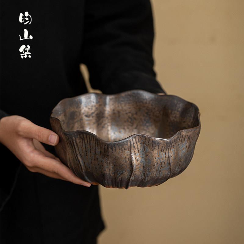 建水大号粗陶黑金荷叶茶洗杯洗水盂复古陶瓷功夫茶配件茶碗茶渣缸