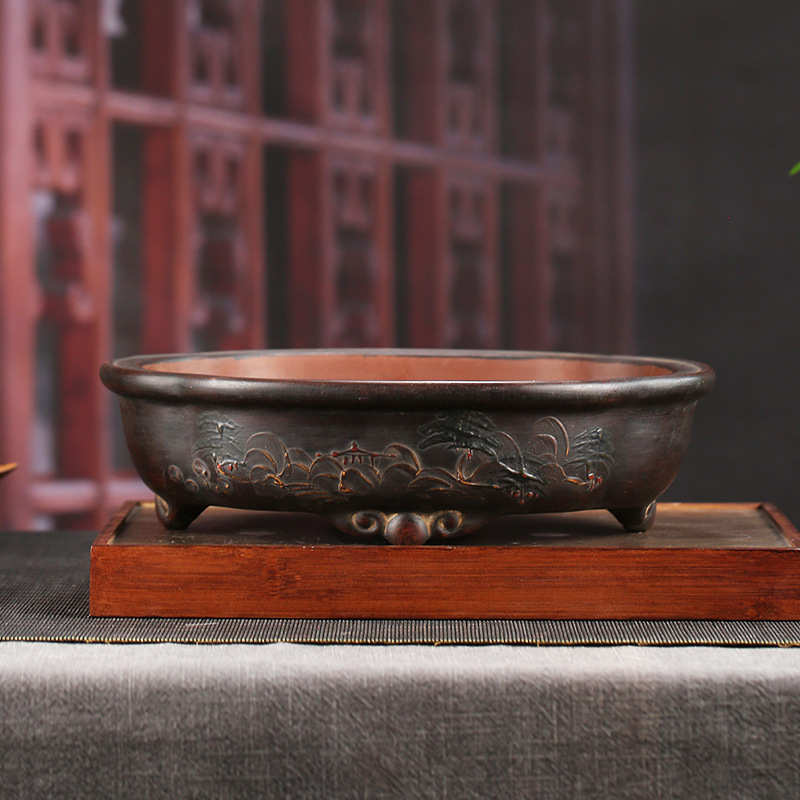 宜兴紫砂花盆批发大号复古三脚莲花浅盆桌面落地盆景装饰文竹YD07