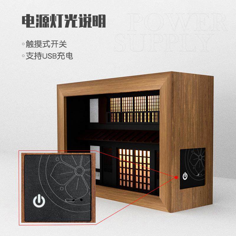 日式建筑挂画立体装饰画框模型卧室玄关客厅简约灯光家居摆件檀木