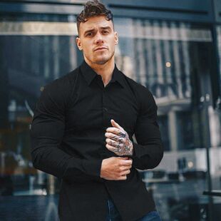 肌肉型男健身衬衫长袖跑步训练衬衣修身高弹力速干免烫运动男衬衫