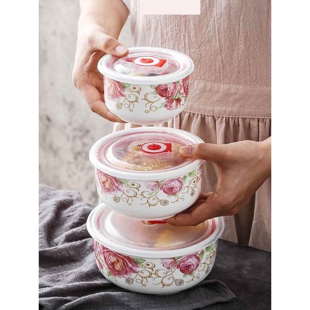 陶瓷饭盒微波炉加热专用带盖三件套装食品级保鲜碗上班族保温饭盒