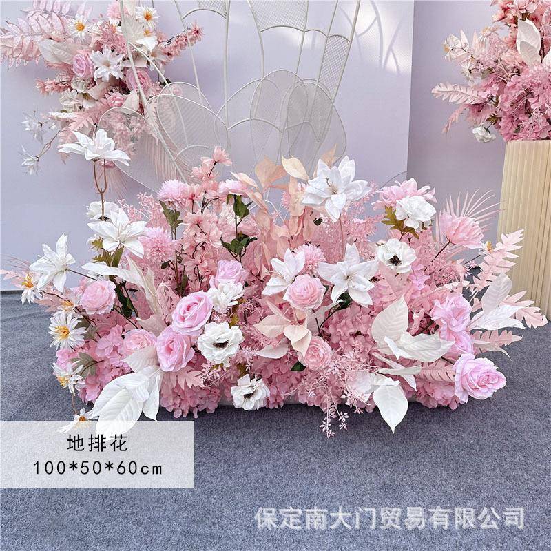 新款礼婚庆地排花仿花绢花品装饰尤象叶粉色加真利花排T台路引成