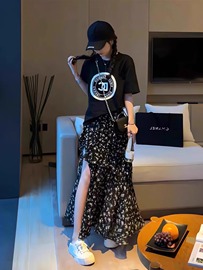 雅依欧货荷叶边开衩中长款半身裙女2024春夏，复古百搭高腰性感长裙