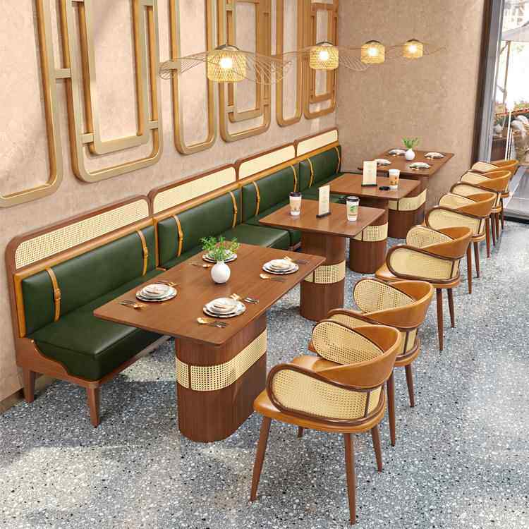简约火锅店主题餐厅桌椅组合实木藤编咖啡厅茶餐厅卡座沙发
