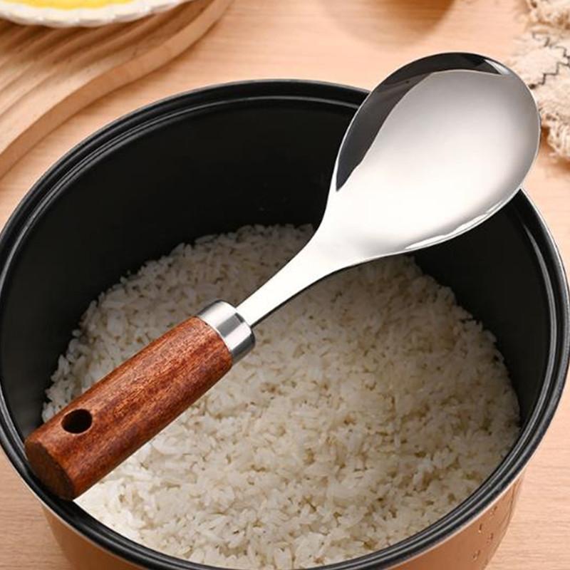 可立式防烫花梨木柄不锈钢盛饭勺短柄分菜分餐勺公用勺烹饪炒勺铲