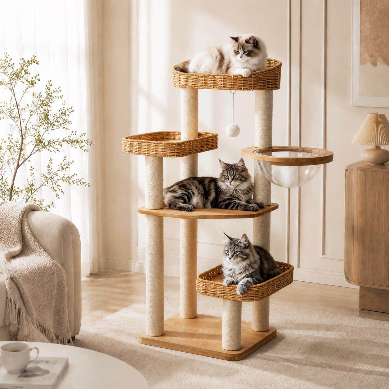 实木猫爬架猫窝一体 剑麻柱藤编太空舱三喵同台大型猫架